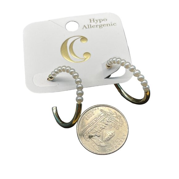 Charming Charlie Gold-Toned Hypoallergenic Pearl Beaded Hoop Earrings MSRP 16 - Picture 4 of 5